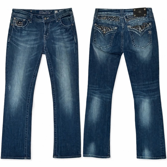 Miss Me Denim - Miss Me Bootcut Jeans Women 30 Blue Medium Wash Bling Flap Pocket Y2K 33x32